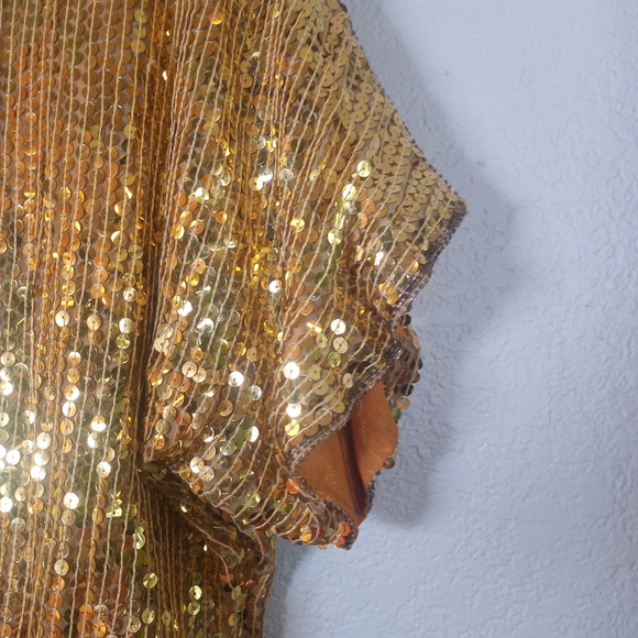 Vintage Silk Gold Sequined Made In India Dolman Sleeve Metallic Crew Neck L - Picture 4 of 12
